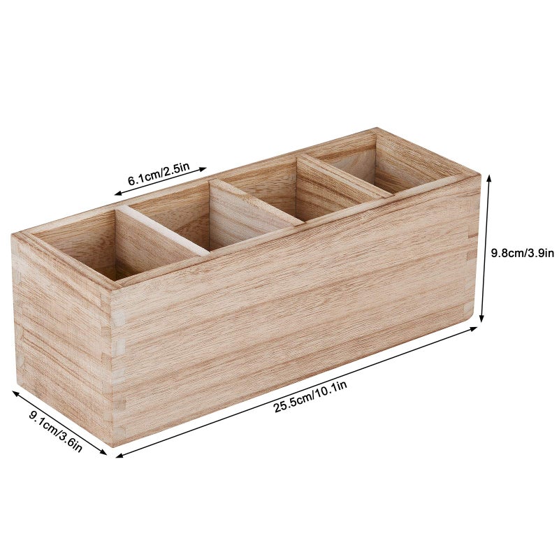 WuGeShop Wooden Pen Pencil Holder for Desk, 4 Compartment Rustic Rectangular Pen Organizer, Wood Desktop Organizer Caddy, Multi Purpose Use for Home School Office Supplies, Stationery - Image 3